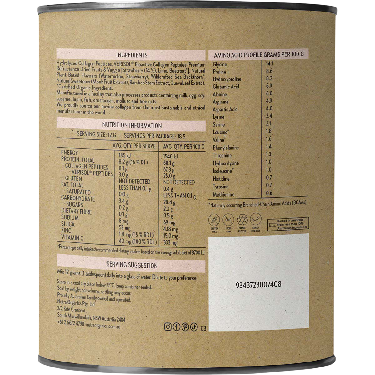 NUTRA NATURALS Collagen Beauty Watermelon Strawberry 225g